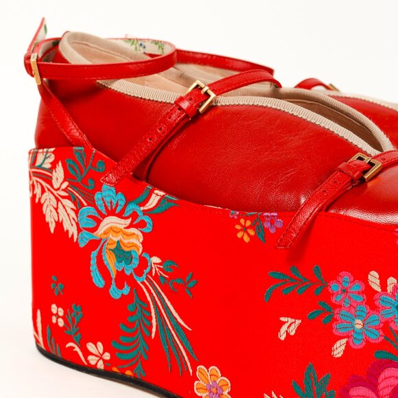 Gucci Hibiscus Red Malaga Kid Silk Hannelore Detachable Platform Slide - Picture 8 of 13